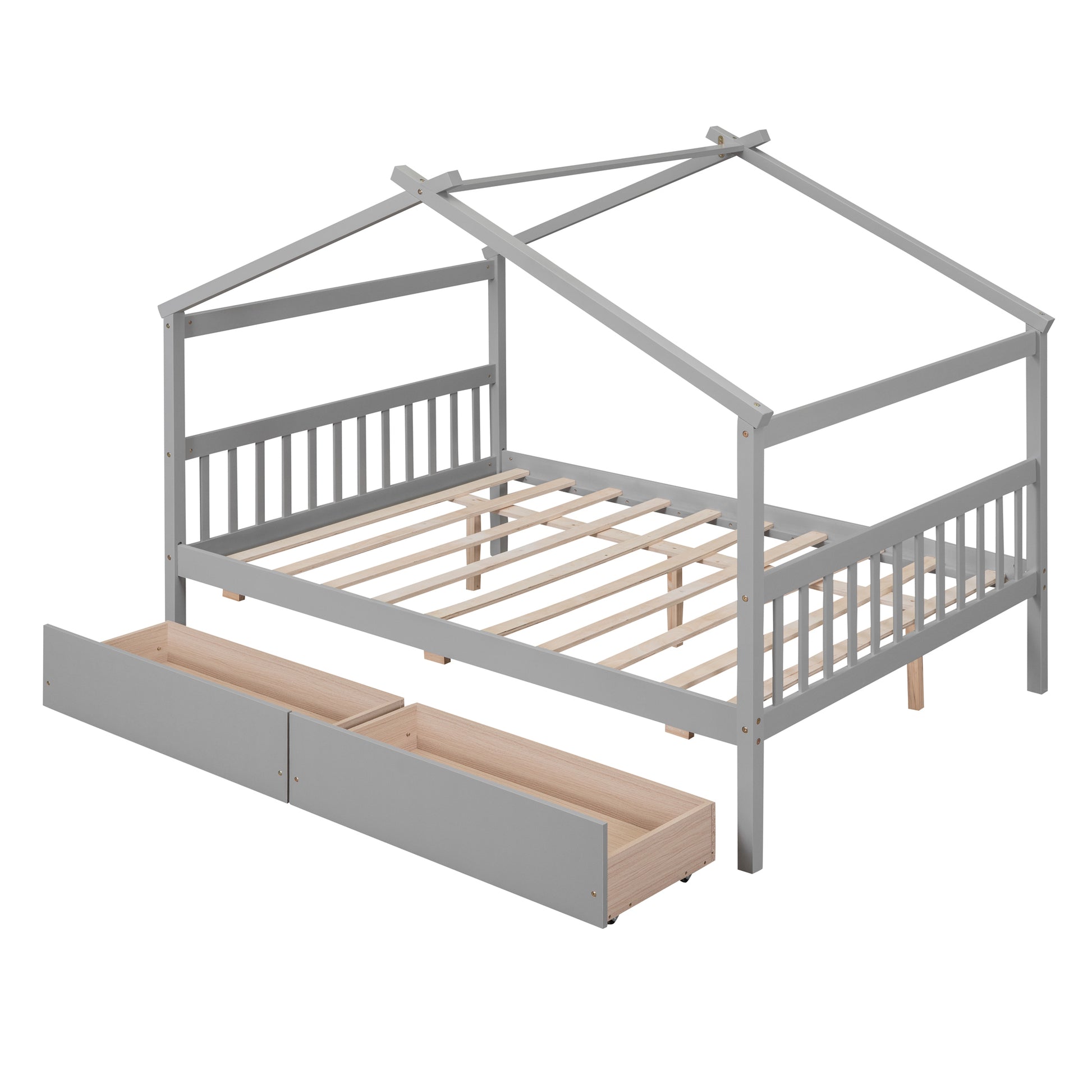 Full Size Wooden House Bed With Drawers, Gray Gray Solid Wood Mdf