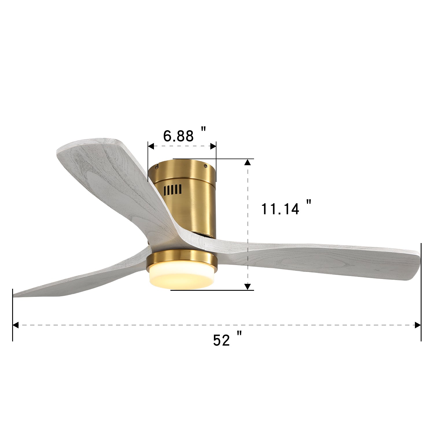 52 Inch Decorative Led Ceiling Fan With Dimmable Led Light 6 Speed Remote 3 Solid Wood Blades Reversible Dc Motor For Living Room Gold Metal & Wood