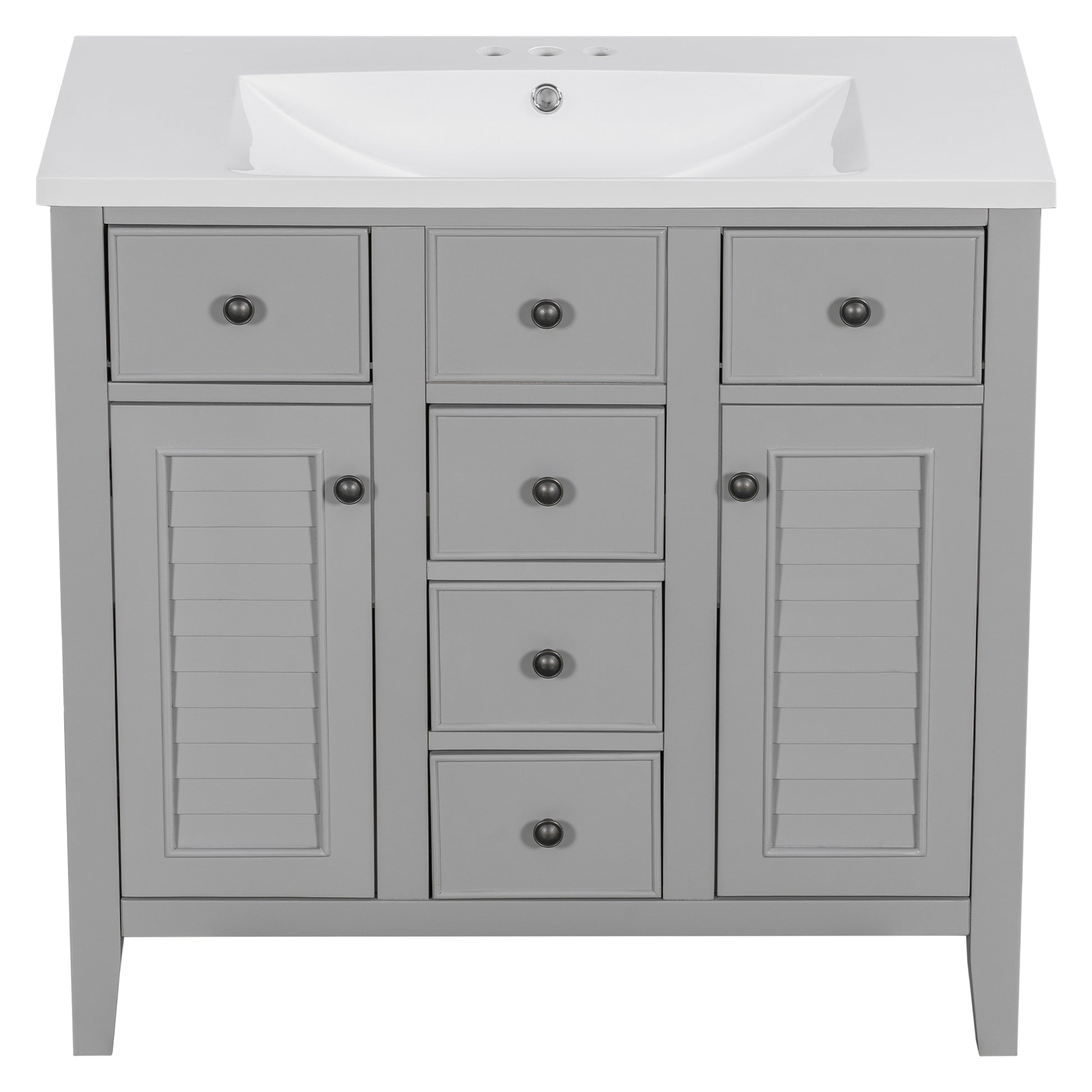 36" Bathroom Vanity With Ceramic Basin, Two Cabinets And Five Drawers, Solid Wood Frame, Grey Old Sku: Sy999202Aae Grey Solid Wood Mdf