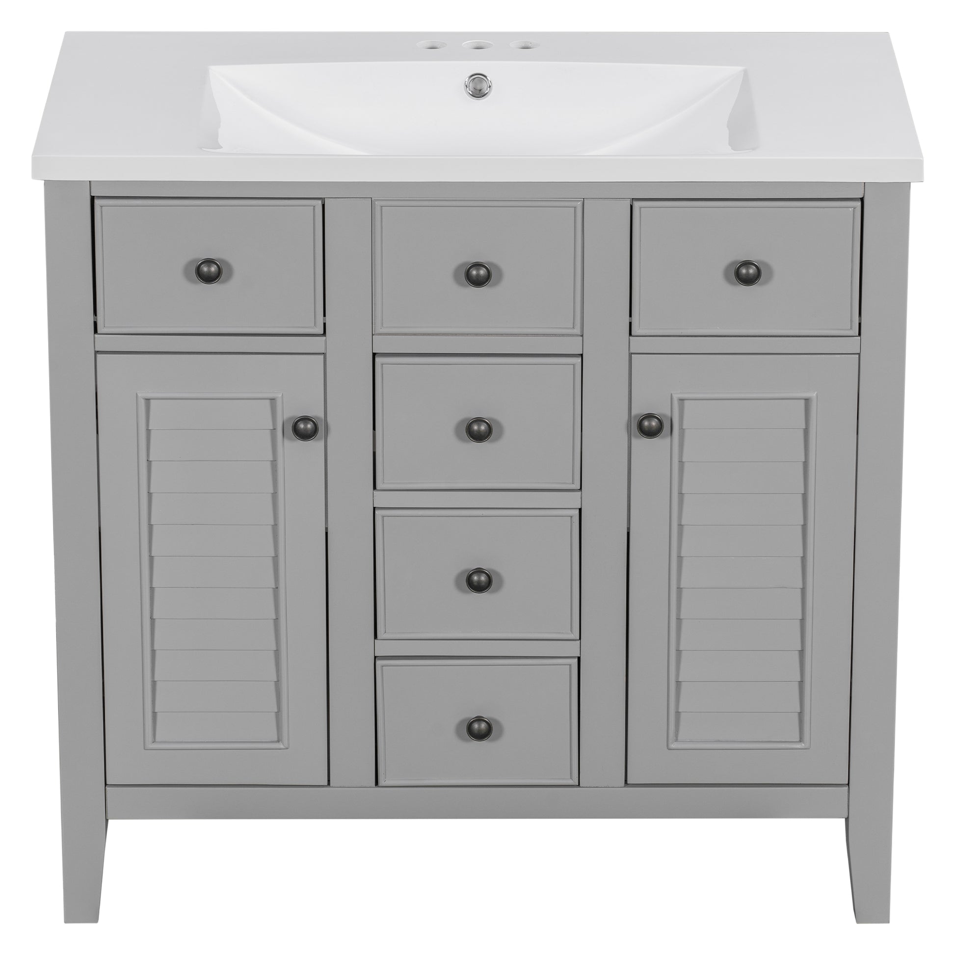 36" Bathroom Vanity With Ceramic Basin, Two Cabinets And Five Drawers, Solid Wood Frame, Grey Old Sku: Sy999202Aae 1 Grey Solid Wood Mdf