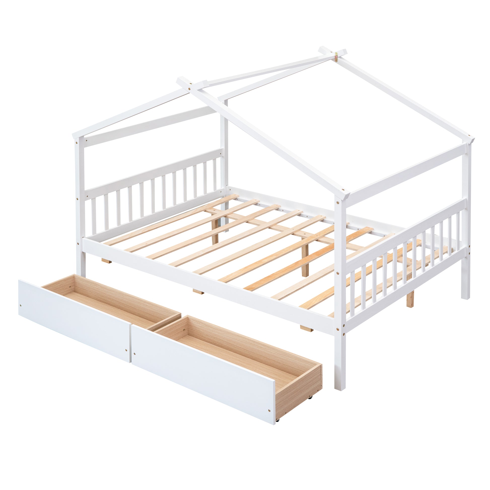 Full Size Wooden House Bed With Drawers, White White Solid Wood Mdf