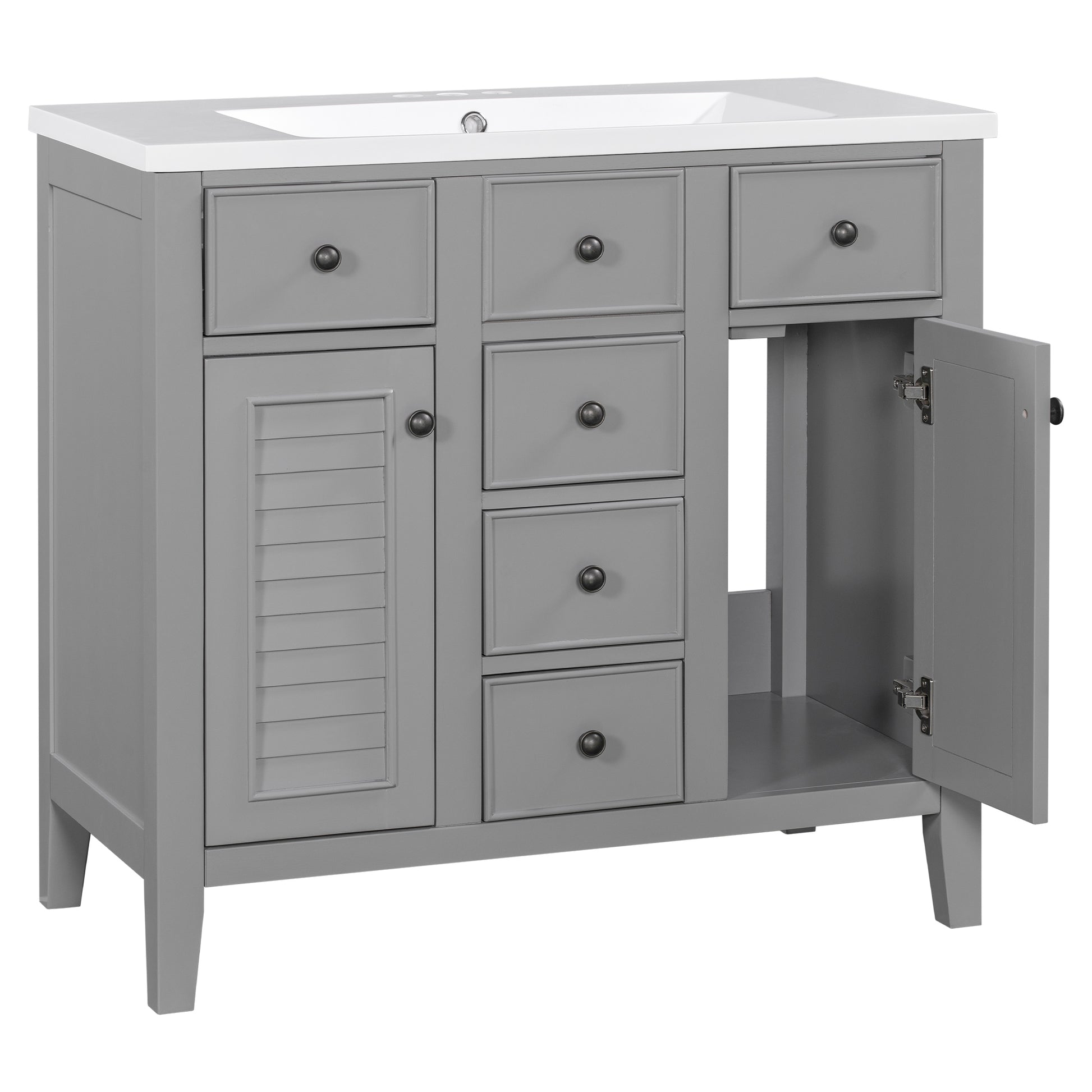 36" Bathroom Vanity With Ceramic Basin, Two Cabinets And Five Drawers, Solid Wood Frame, Grey Old Sku: Sy999202Aae Grey Solid Wood Mdf