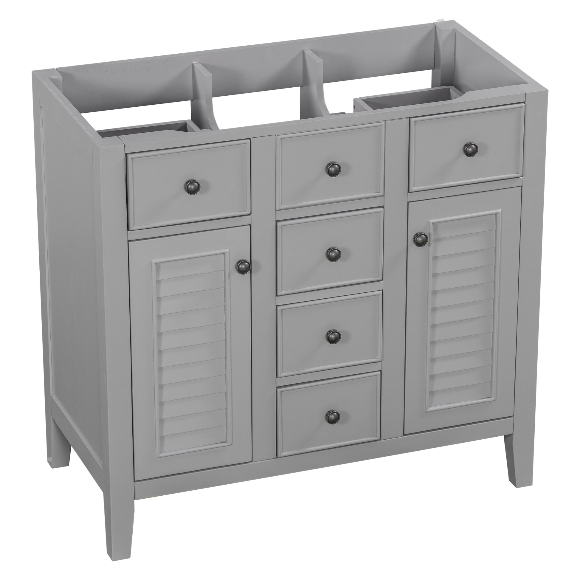 36" Bathroom Vanity Without Sink, Cabinet Base Only, Two Cabinets And Five Drawers, Solid Wood Frame, Grey Grey Solid Wood Mdf