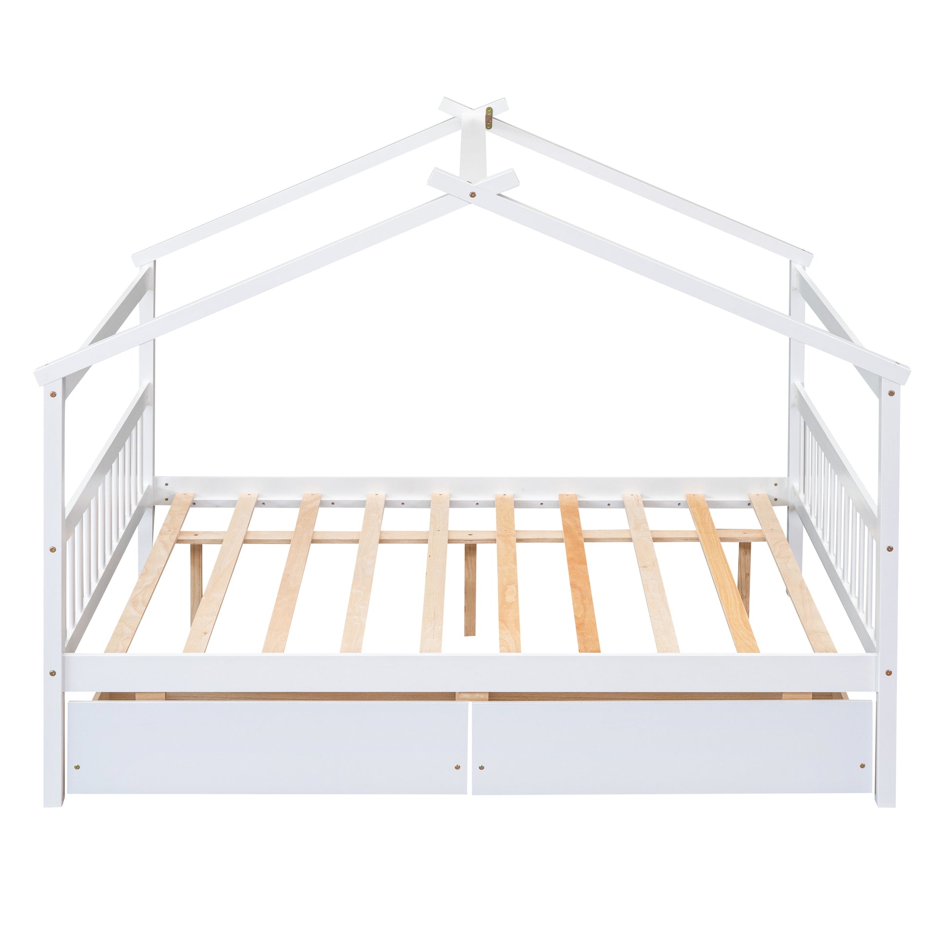 Full Size Wooden House Bed With Drawers, White White Solid Wood Mdf