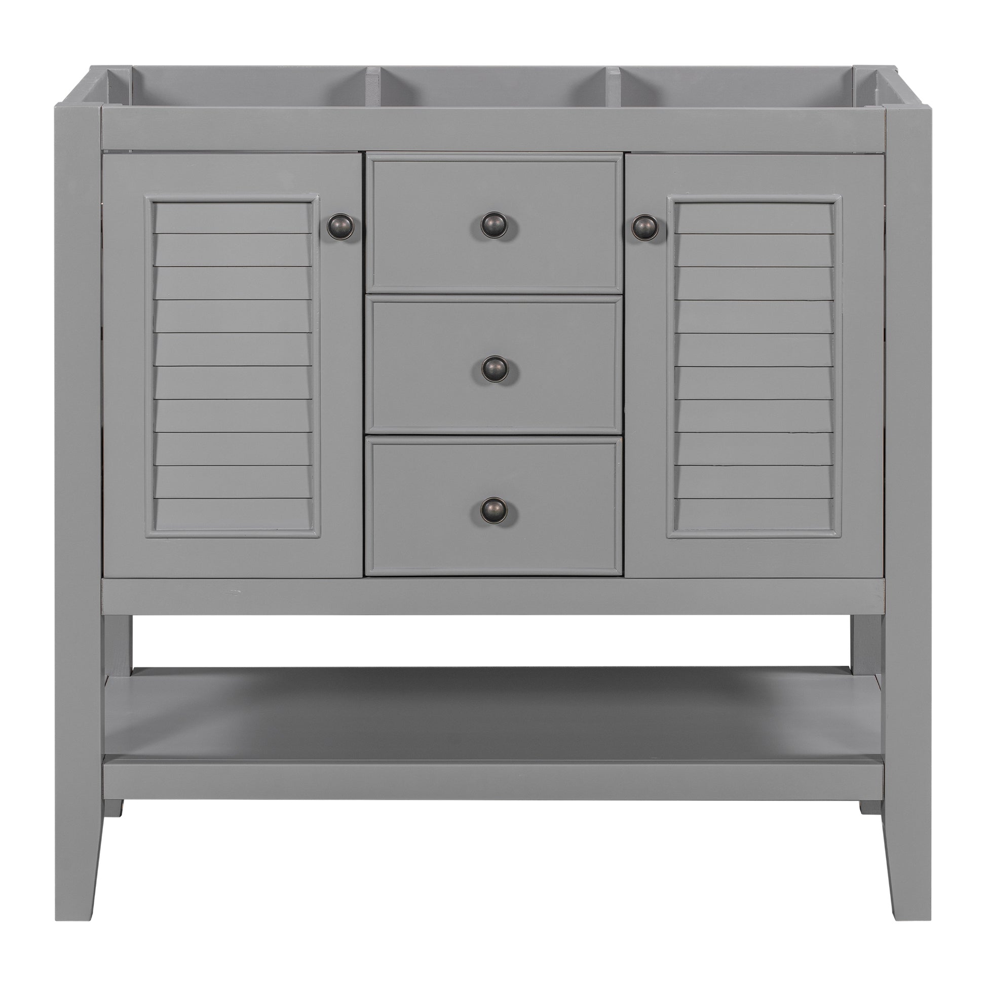 36" Bathroom Vanity Without Sink, Cabinet Base Only, Two Cabinets And Drawers, Open Shelf, Solid Wood Frame, Grey Grey Solid Wood Mdf