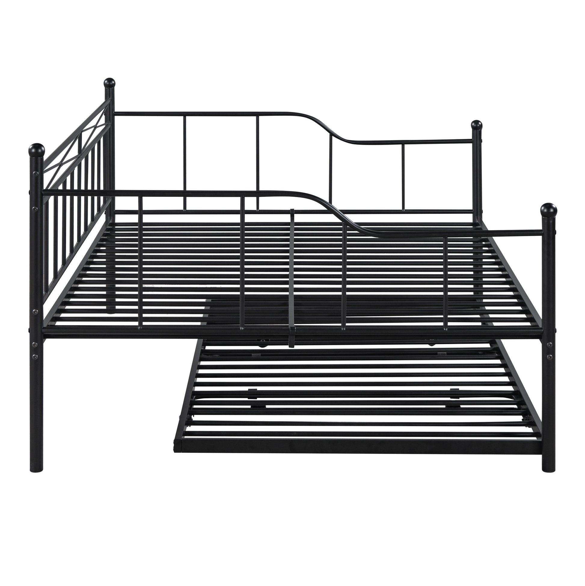 Full Size Metal Daybed With Twin Size Adjustable Trundle, Portable Folding Trundle, Black Old Sku:Mf293736Aab Black Steel