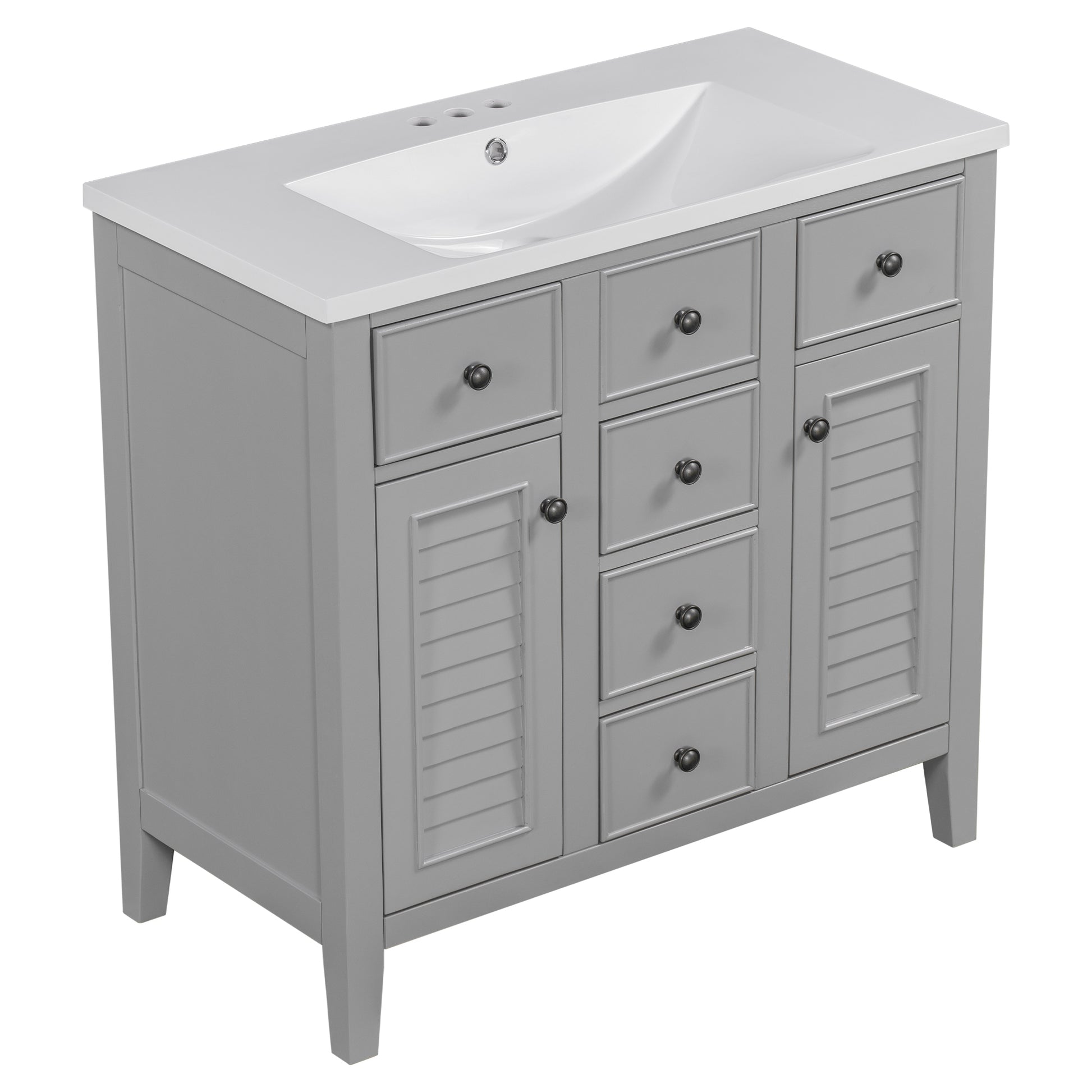 36" Bathroom Vanity With Ceramic Basin, Two Cabinets And Five Drawers, Solid Wood Frame, Grey Old Sku: Sy999202Aae Grey Solid Wood Mdf