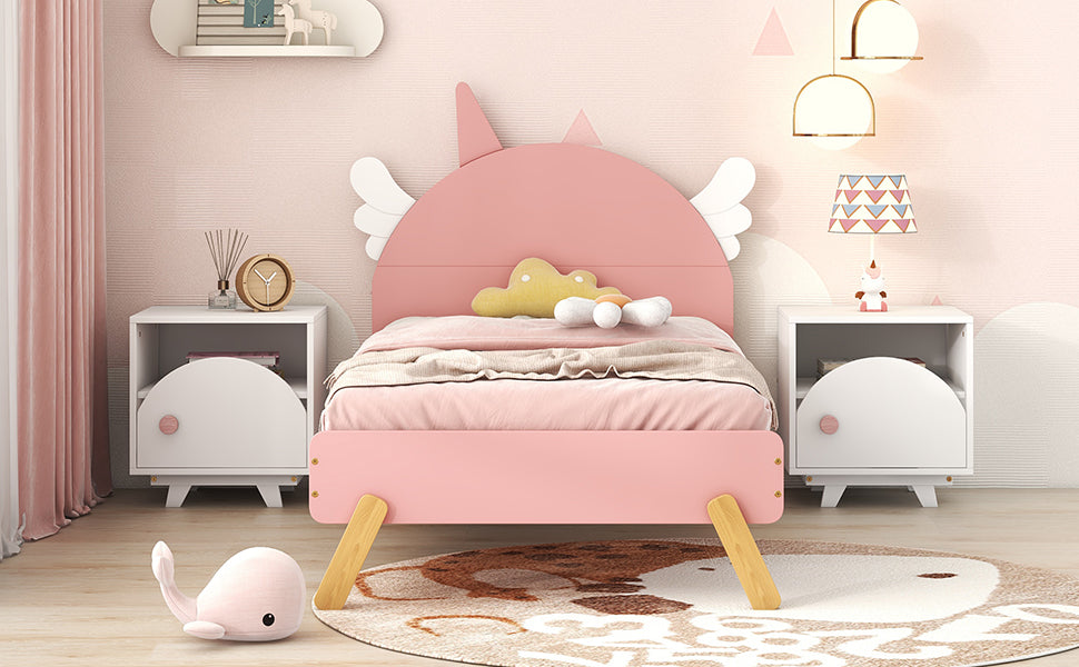 Wooden Cute Bed With Unicorn Shape Headboard,Twin Size Platform Bed,Pink Pink Solid Wood