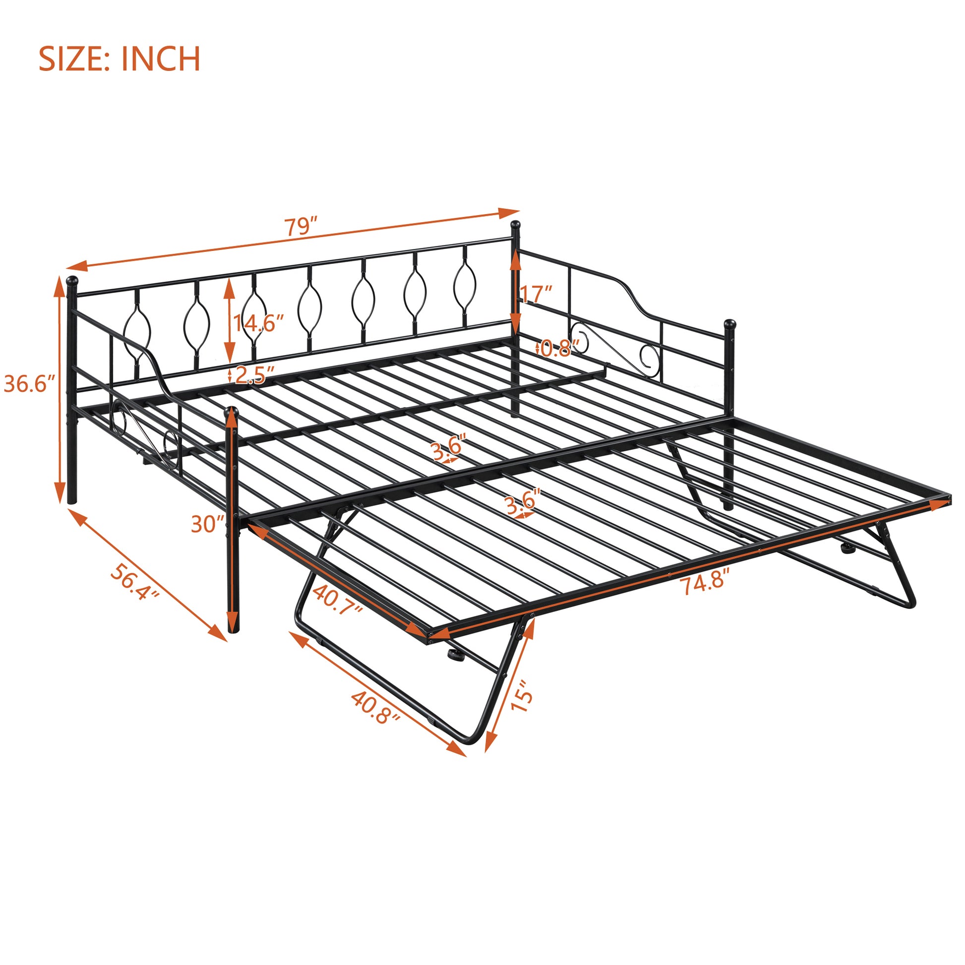 Full Size Metal Daybed With Twin Size Adjustable Trundle, Portable Folding Trundle, Black Old Sku:Mf293730Aab Black Steel