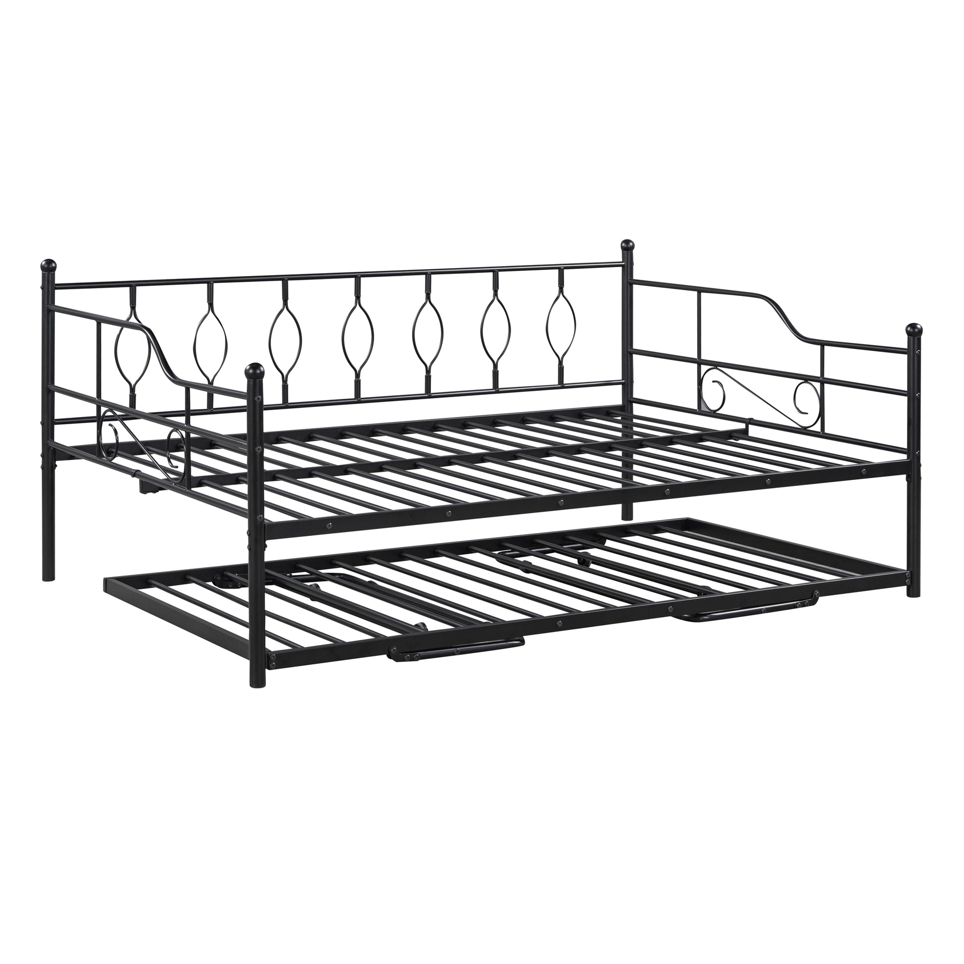 Full Size Metal Daybed With Twin Size Adjustable Trundle, Portable Folding Trundle, Black Old Sku:Mf293730Aab Black Steel