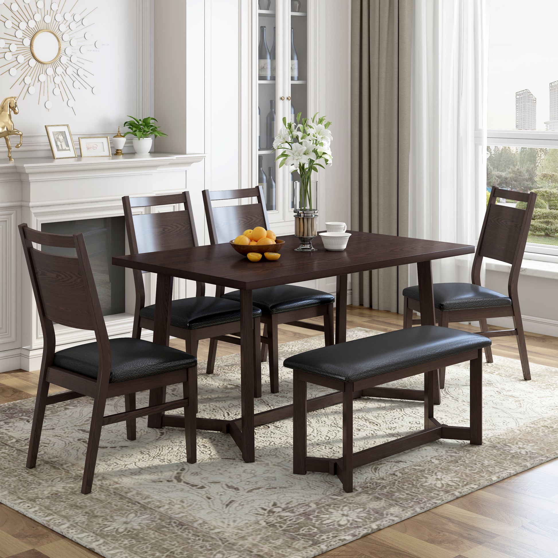 Farmhouse 6 Piece Wood Dining Table Set With 4 Upholstered Chairs And Bench, Dark Brown Brown Wood Dining Room Bench Seating Rubberwood Rectangular Dining Table With Chair And Bench Upholstered Chair Wood Dark Brown Solid Back Seats 6 Farmhouse Trestle