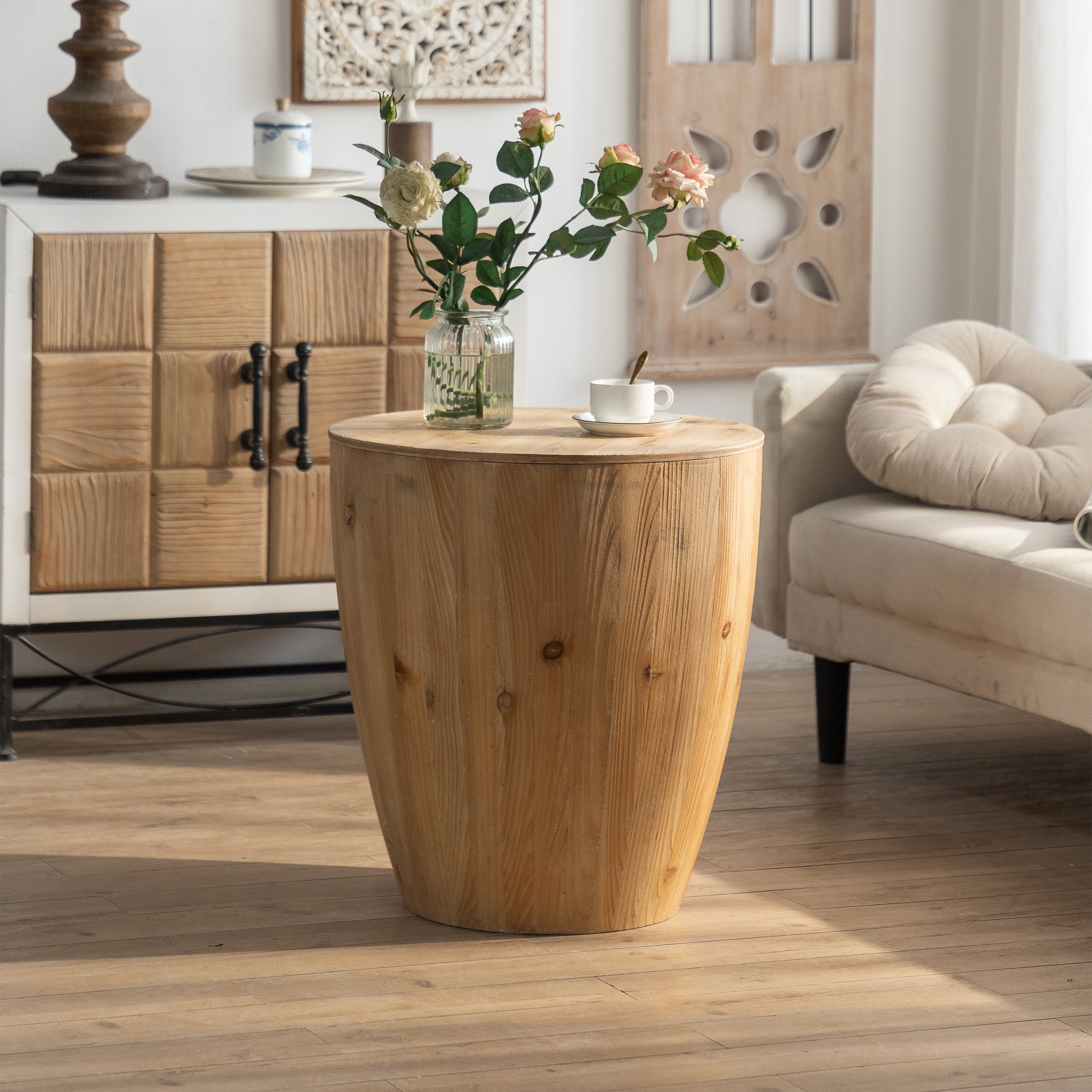 21.06"Vintage Style Bucket Shaped Coffee Table For Office, Dining Room And Living Room Natural Solid Wood Mdf
