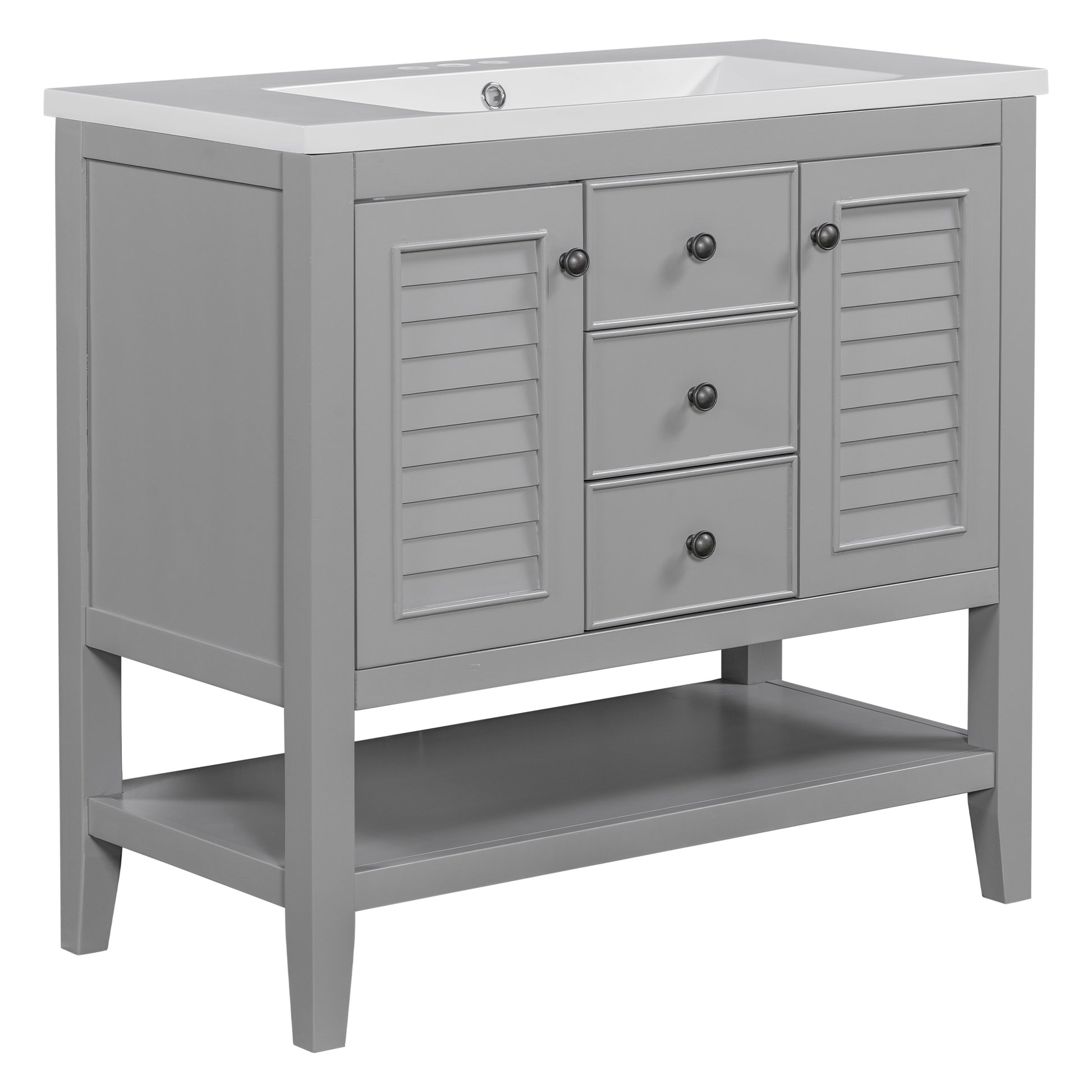 36" Bathroom Vanity With Ceramic Basin, Two Cabinets And Drawers, Open Shelf, Solid Wood Frame, Grey Old Sku: Sy999101Aae Grey Solid Wood Mdf