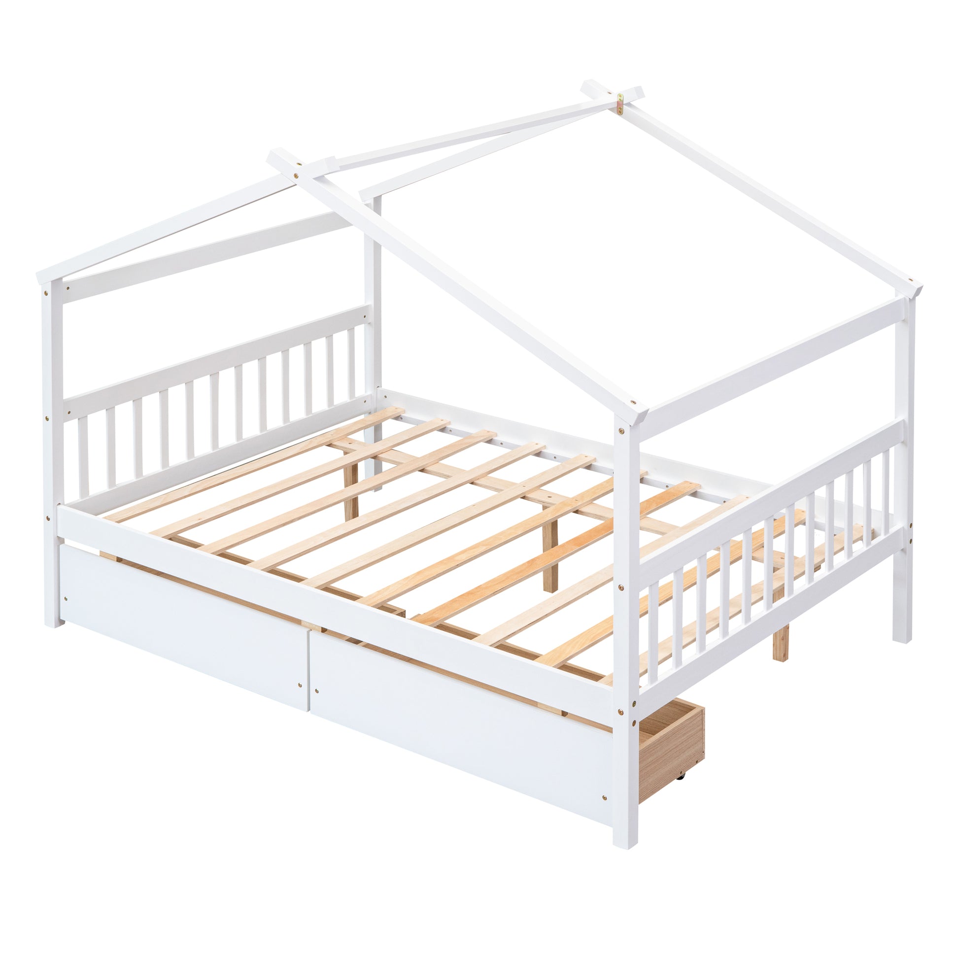 Full Size Wooden House Bed With Drawers, White White Solid Wood Mdf