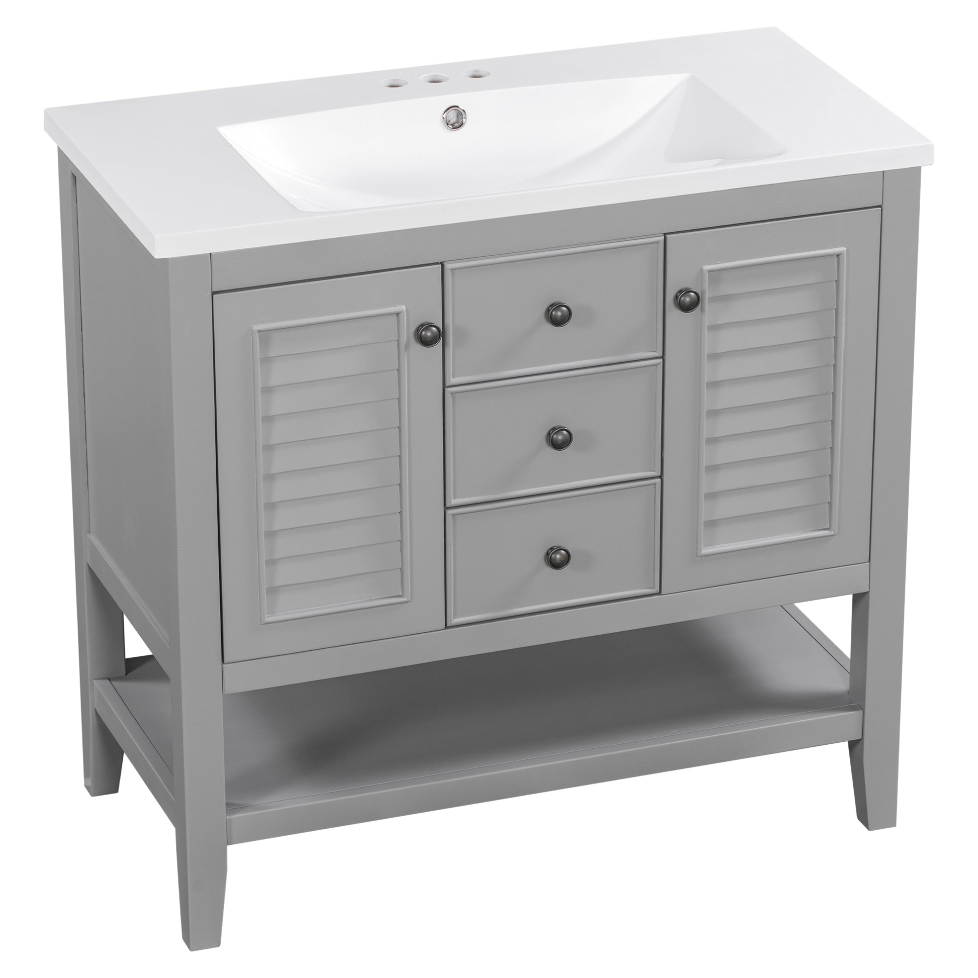 36" Bathroom Vanity With Ceramic Basin, Two Cabinets And Drawers, Open Shelf, Solid Wood Frame, Grey Old Sku: Sy999101Aae Grey Solid Wood Mdf