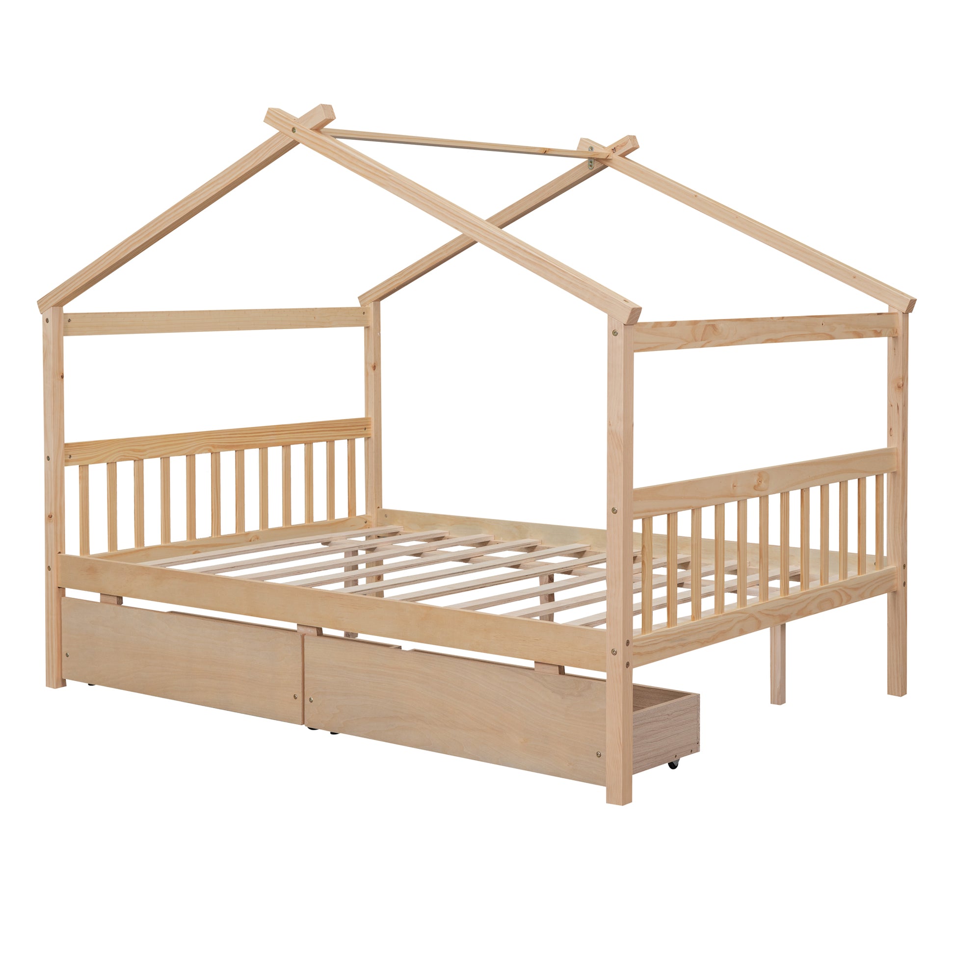 Full Size Wooden House Bed With Drawers, Natural Natural Solid Wood Mdf