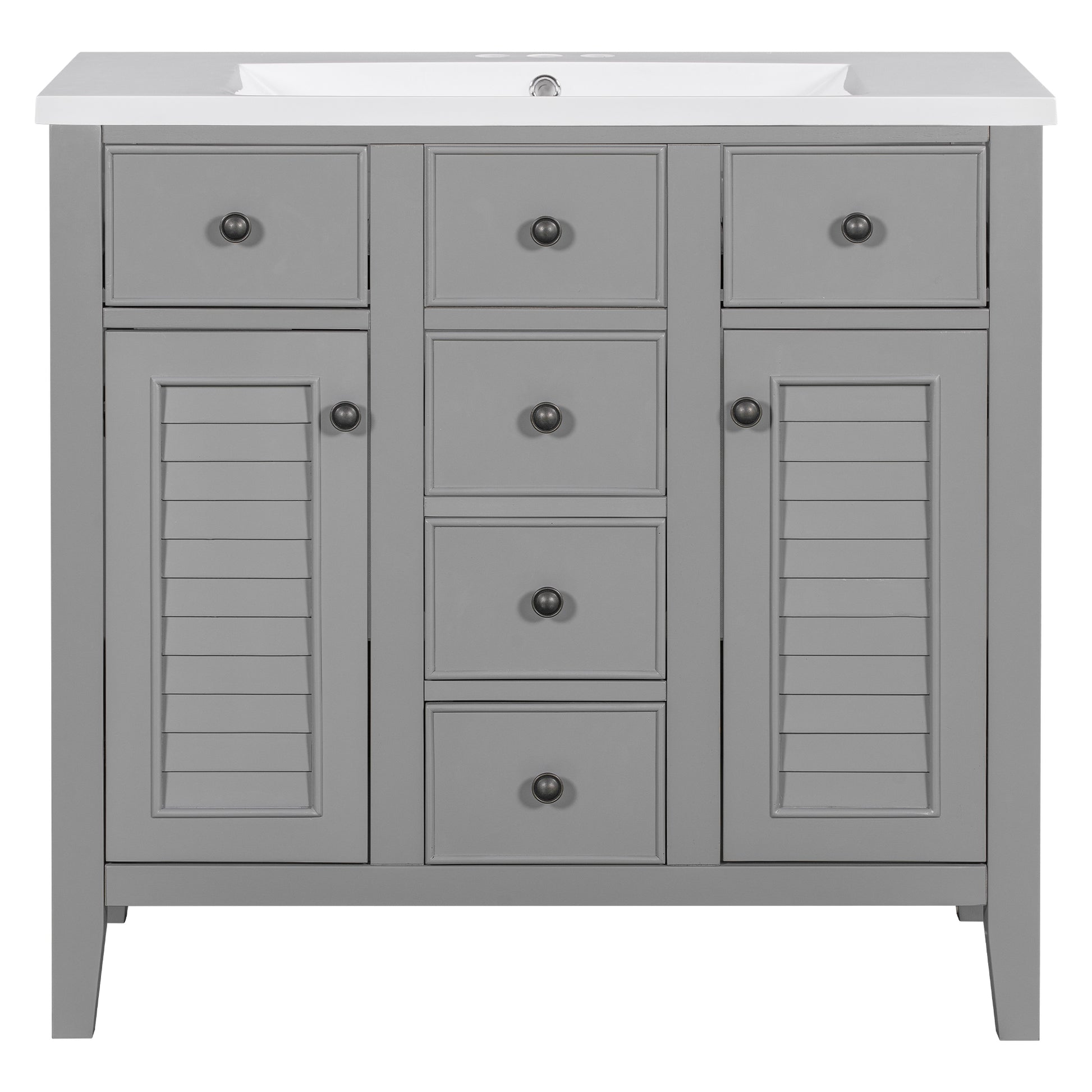 36" Bathroom Vanity With Ceramic Basin, Two Cabinets And Five Drawers, Solid Wood Frame, Grey Old Sku: Sy999202Aae Grey Solid Wood Mdf