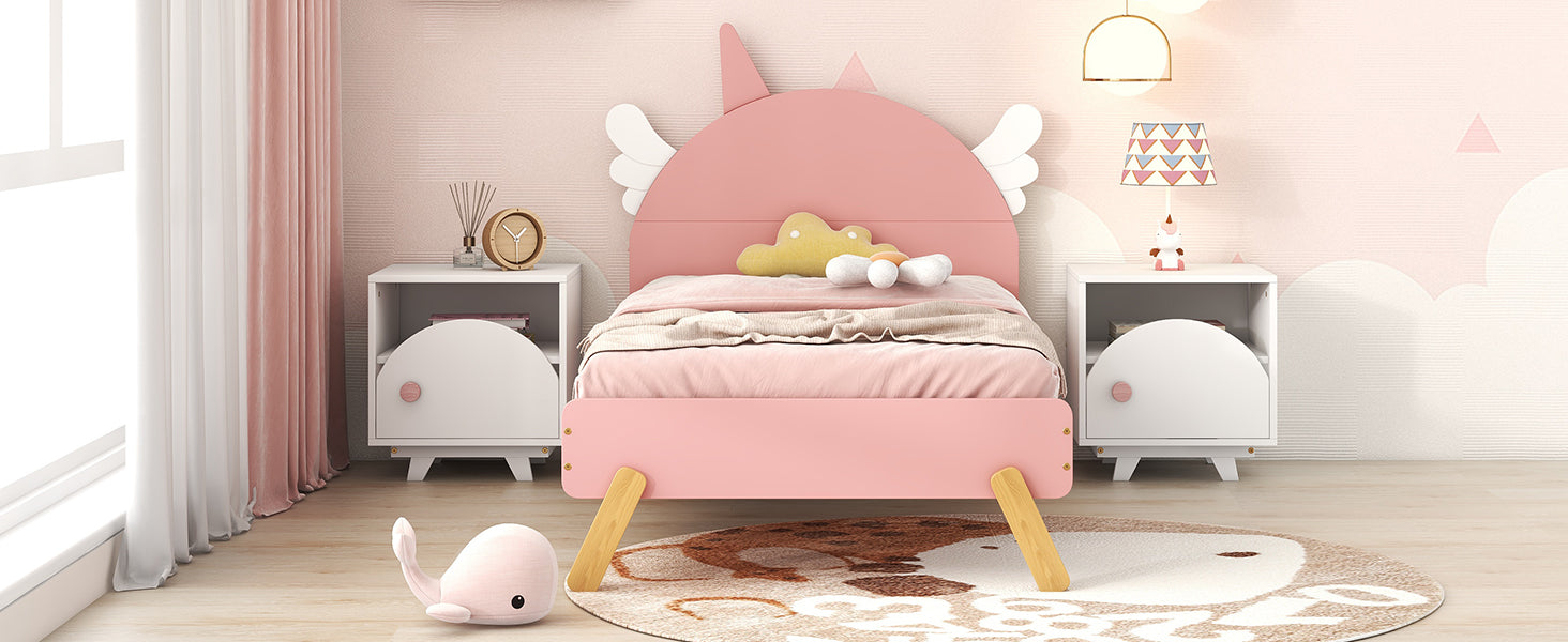 Wooden Cute Bed With Unicorn Shape Headboard,Twin Size Platform Bed,Pink Pink Solid Wood