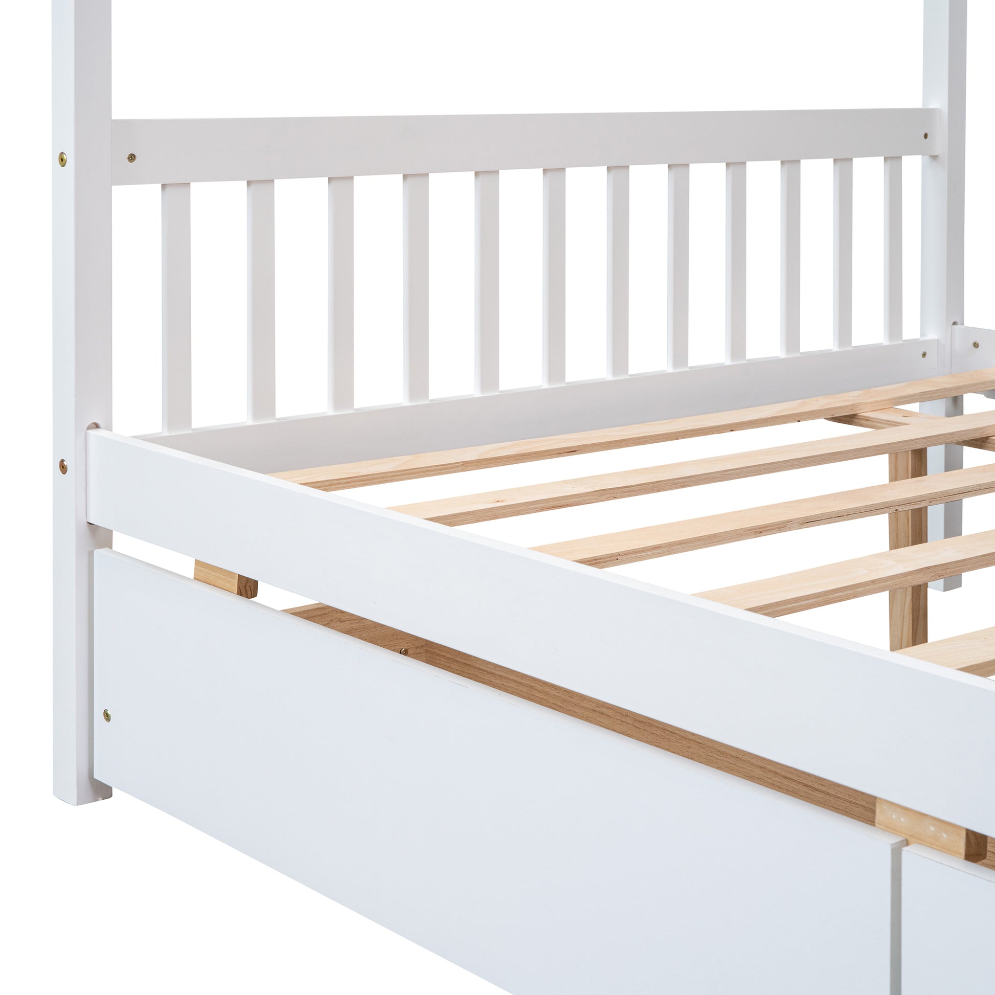 Full Size Wooden House Bed With Drawers, White White Solid Wood Mdf