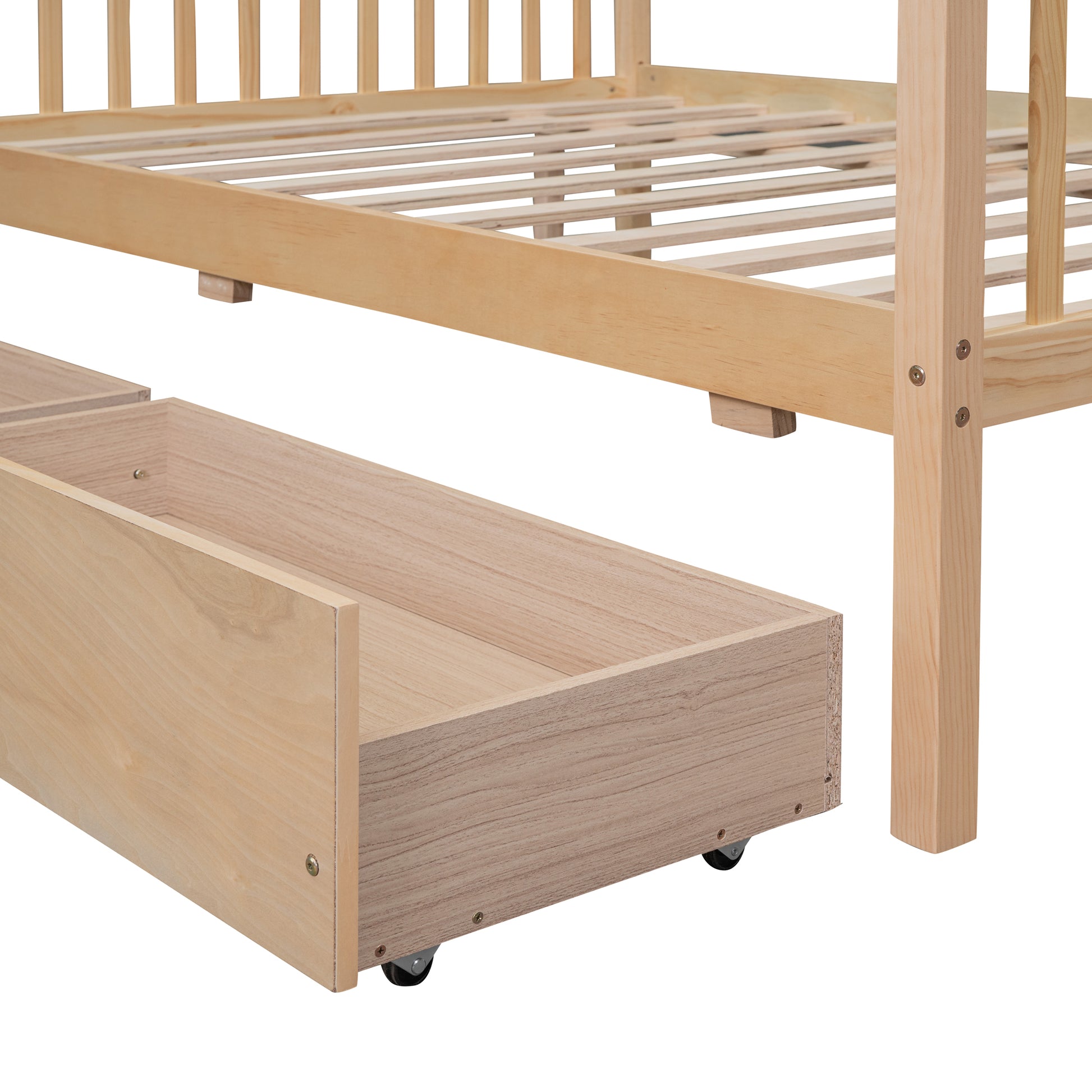 Full Size Wooden House Bed With Drawers, Natural Natural Solid Wood Mdf