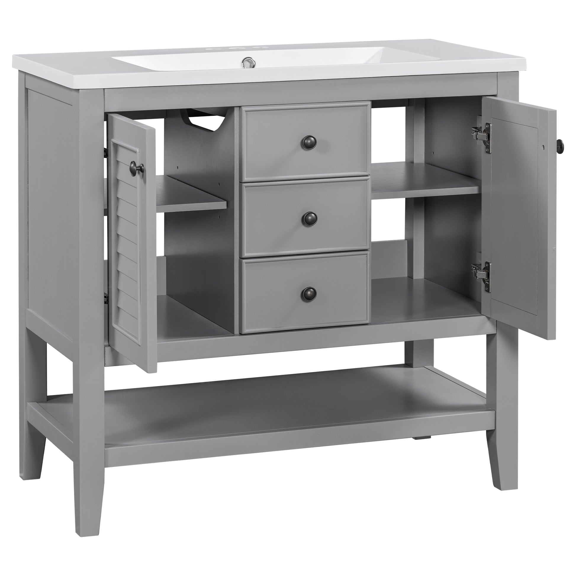 36" Bathroom Vanity With Ceramic Basin, Two Cabinets And Drawers, Open Shelf, Solid Wood Frame, Grey Old Sku: Sy999101Aae 1 Grey Solid Wood Mdf
