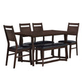 Farmhouse 6 Piece Wood Dining Table Set With 4 Upholstered Chairs And Bench, Dark Brown Brown Wood Dining Room Bench Seating Rubberwood Rectangular Dining Table With Chair And Bench Upholstered Chair Wood Dark Brown Solid Back Seats 6 Farmhouse Trestle