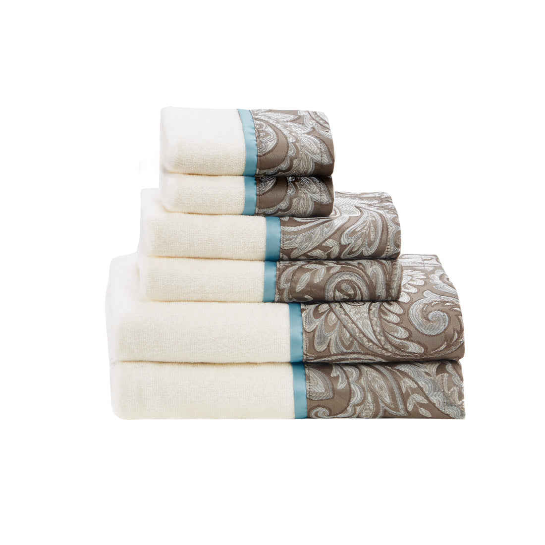 6 Piece Jacquard Towel Set Blue Brown Cotton