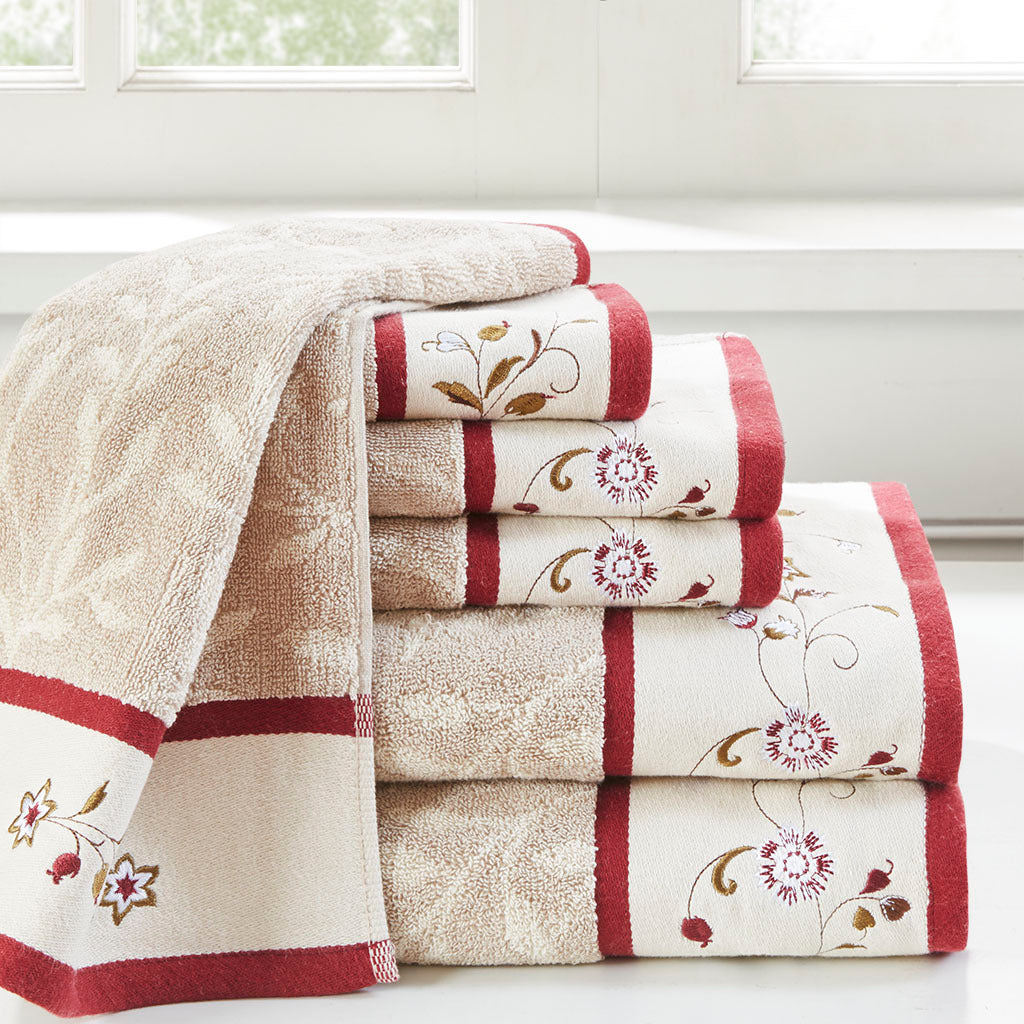 Embroidered Cotton Jacquard 6 Piece Towel Set red-cotton