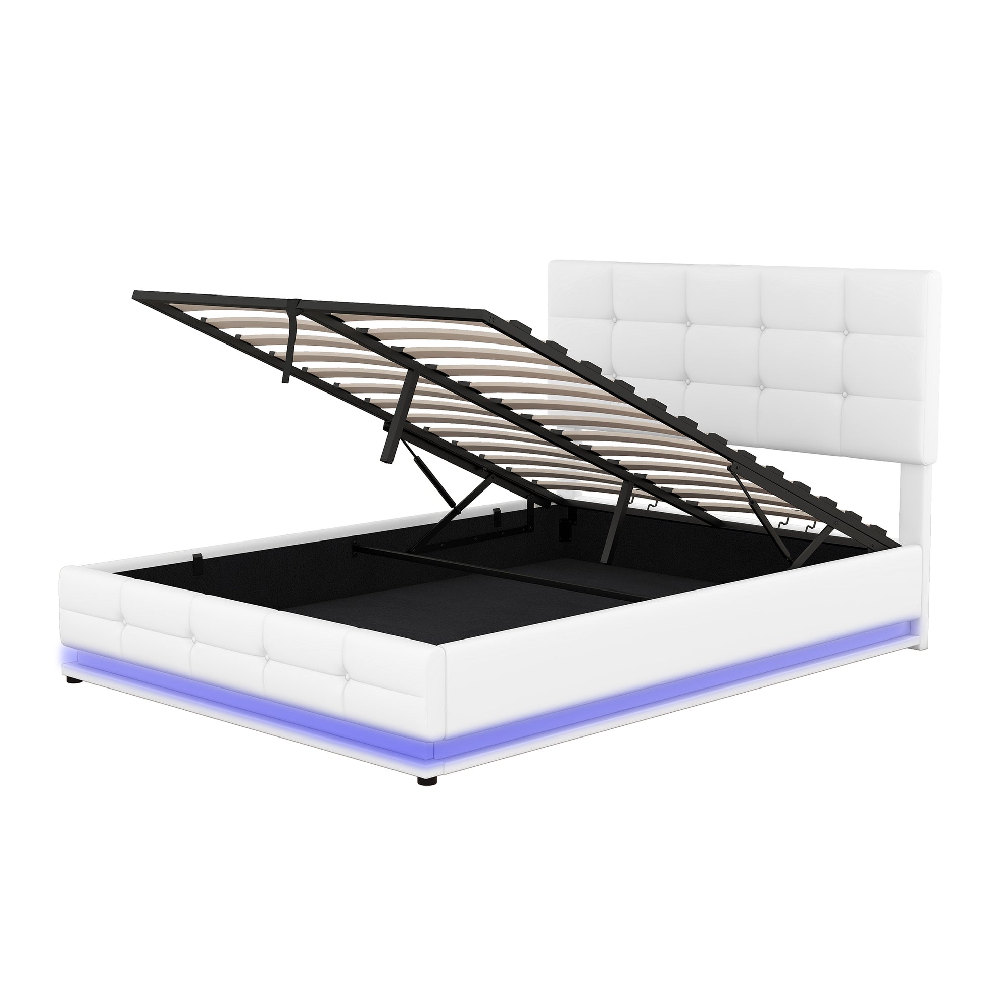 Full Size Tufted Upholstered Platform Bed With Hydraulic Storage System,Pu Storage Bed With Led Lights And Usb Charger, White Expected Arrival Time: 5.15,At White Pu
