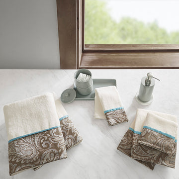 6 Piece Jacquard Towel Set Blue Brown Cotton