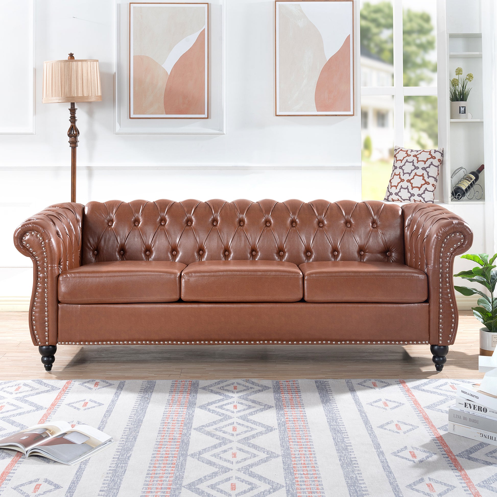 84.65"Brown Pu Rolled Arm Chesterfield Three Seater Sofa. Brown Foam Pu