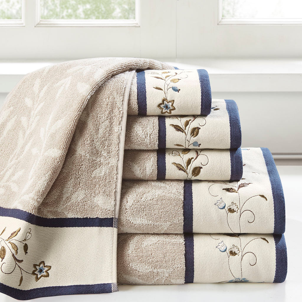 Embroidered Cotton Jacquard 6 Piece Towel Set Navy Cotton