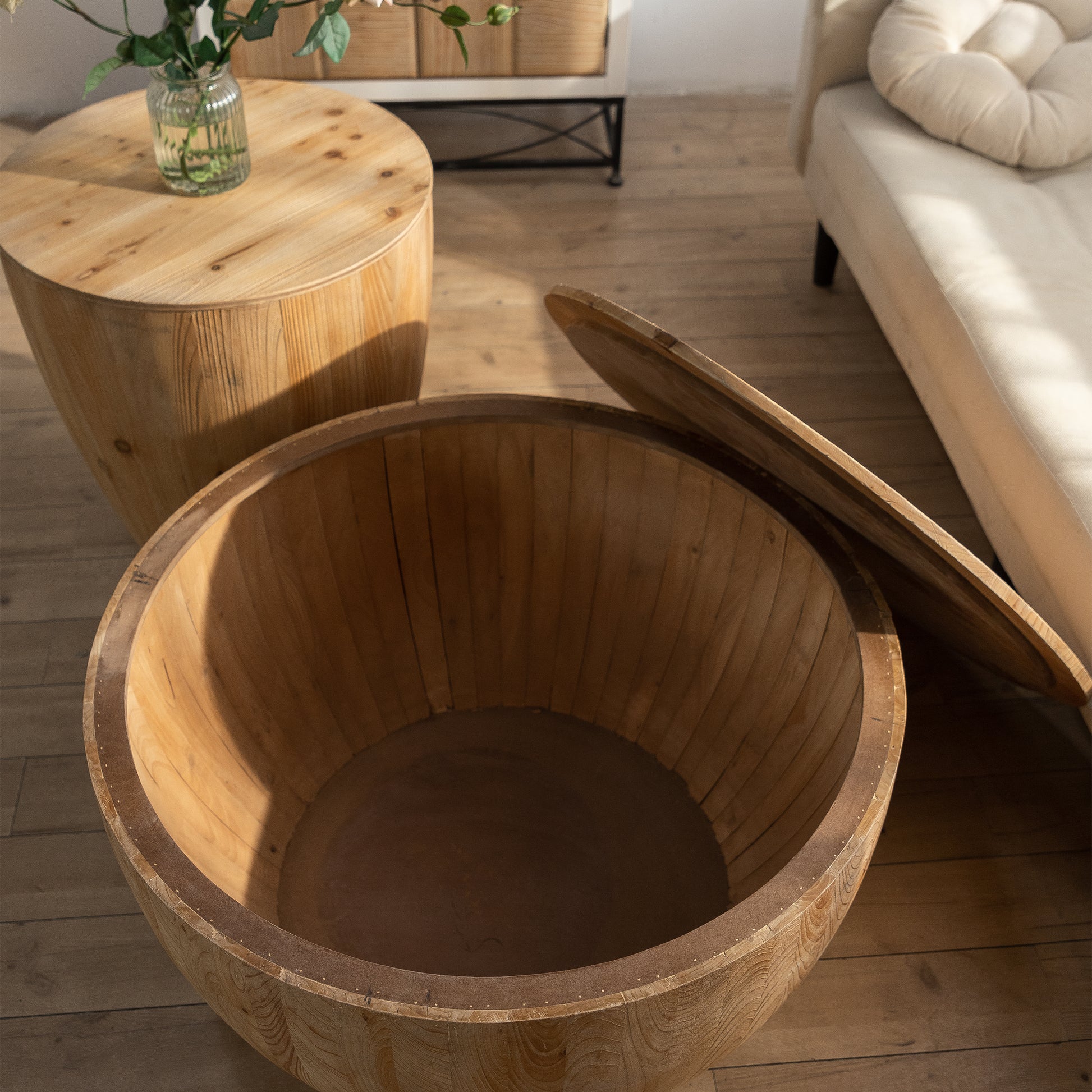 Vintage Style Bucket Shaped Coffee Table Set For Office, Dining Room And Living Room Set Of Two Pieces Natural Solid Wood Mdf