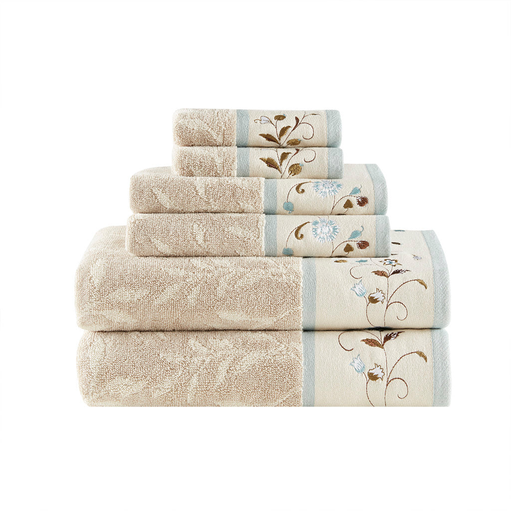 Embroidered Cotton Jacquard 6 Piece Towel Set Blue Cotton