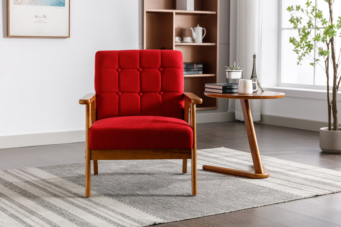Leisure Chair With Solid Wood Armrest And Feet, Mid Century Modern Accent Chair, For Living Room Bedroom Studio Chair Red Linen