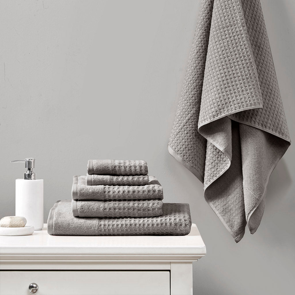 Cotton Waffle Jacquard Antimicrobial Bath Towel 6 Piece Set Charcoal Cotton