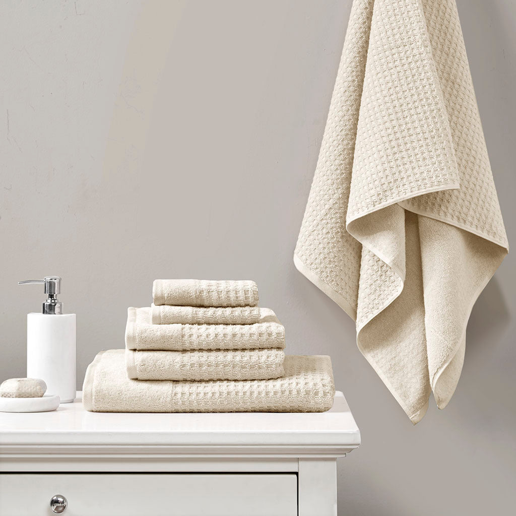 Cotton Waffle Jacquard Antimicrobial Bath Towel 6 Piece Set Taupe Cotton