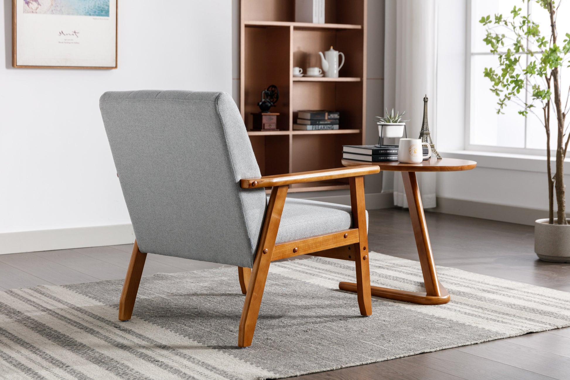 Leisure Chair With Solid Wood Armrest And Feet, Mid Century Modern Accent Chair, For Living Room Bedroom Studio Chair Light Gray Linen