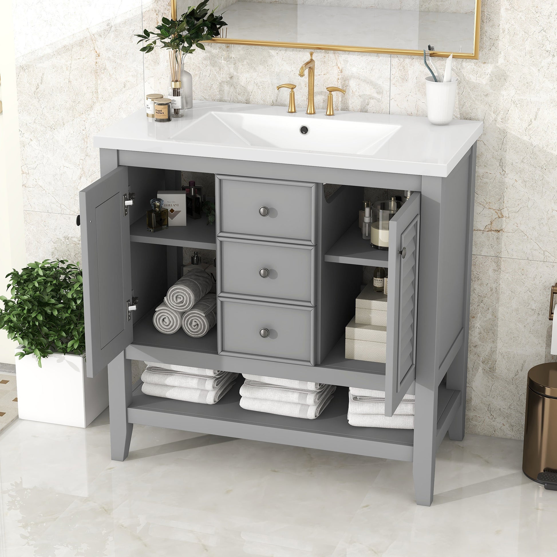 36" Bathroom Vanity With Ceramic Basin, Two Cabinets And Drawers, Open Shelf, Solid Wood Frame, Grey Old Sku: Sy999101Aae Grey Solid Wood Mdf