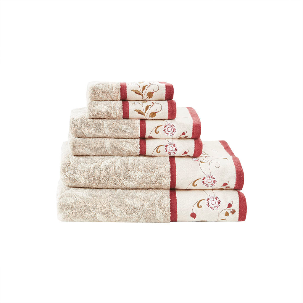 Embroidered Cotton Jacquard 6 Piece Towel Set red-cotton
