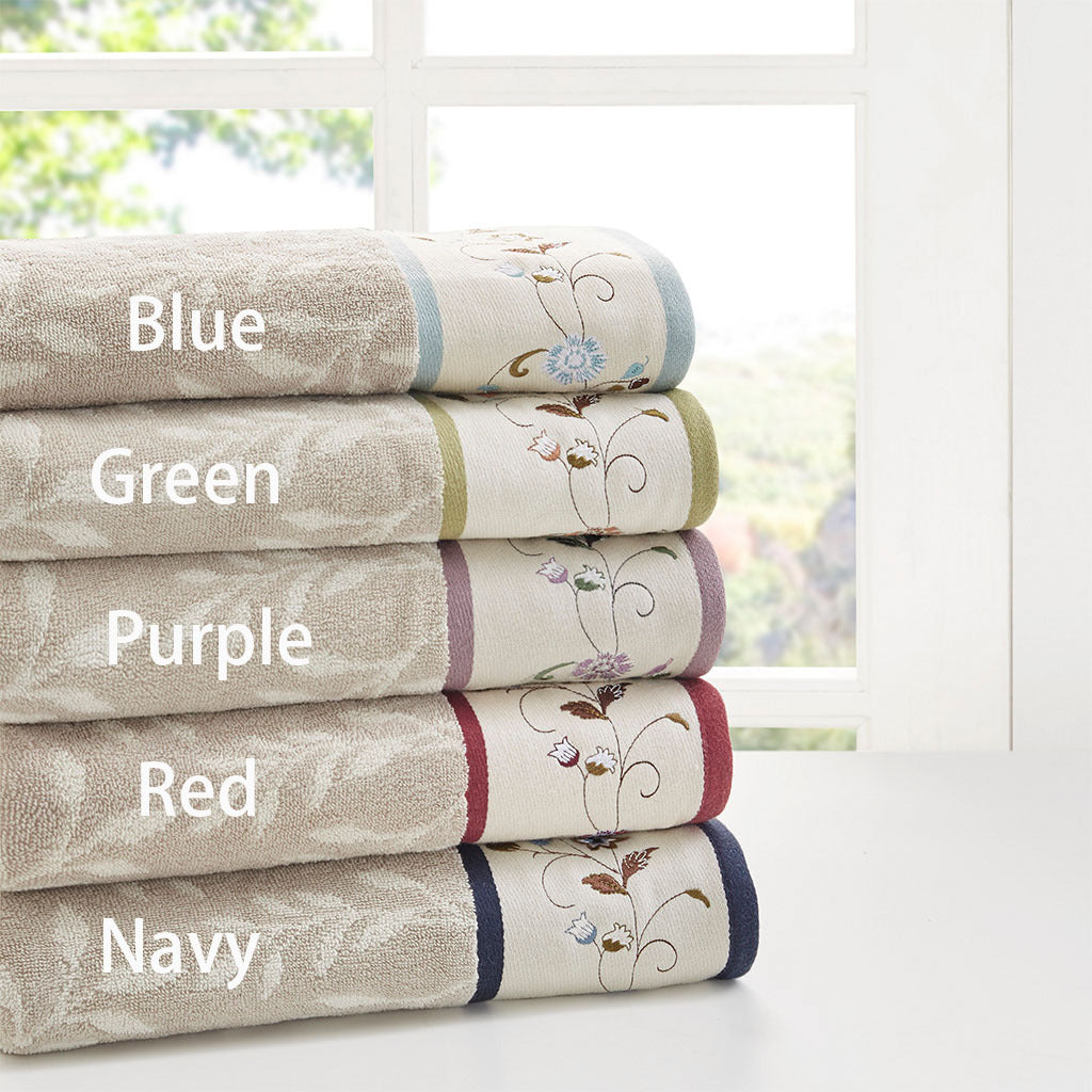 Embroidered Cotton Jacquard 6 Piece Towel Set Blue Cotton