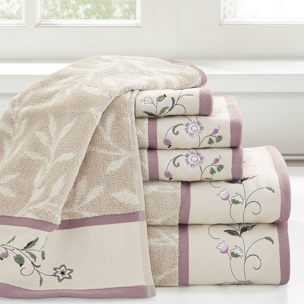 Embroidered Cotton Jacquard 6 Piece Towel Set Purple Cotton