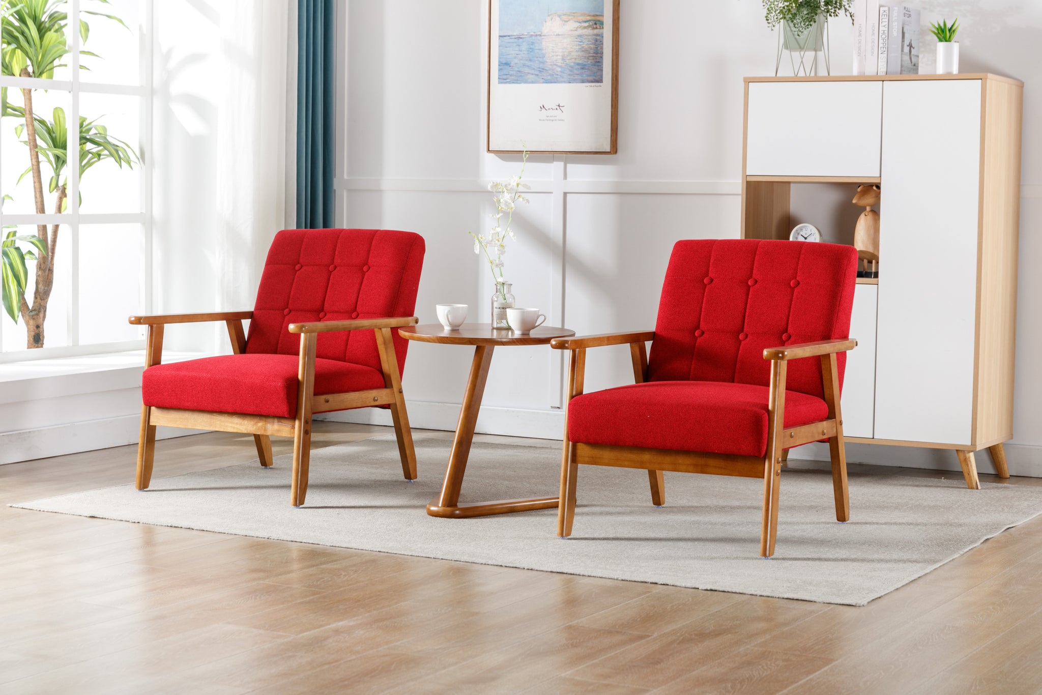 Accent Chairs Set Of 2 With Side Table, Mid Century Modern Accent Chair, Wood And Fabric Armchairs Side Chair, Lounge Reading Comfy Arm Chair For Living Room, Bedroom, Office Red Linen