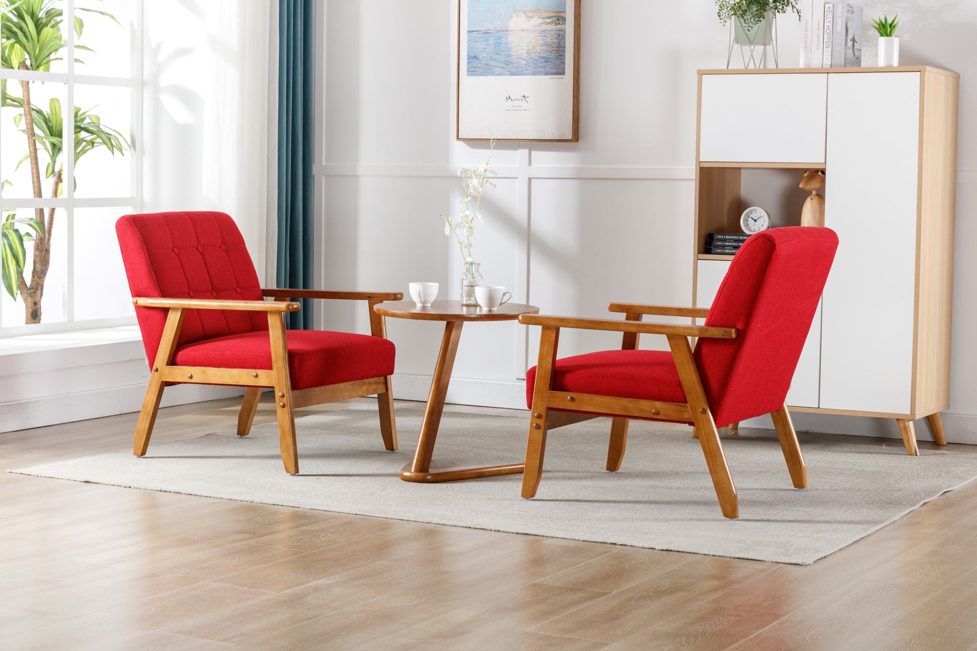 Accent Chairs Set Of 2 With Side Table, Mid Century Modern Accent Chair, Wood And Fabric Armchairs Side Chair, Lounge Reading Comfy Arm Chair For Living Room, Bedroom, Office Red Linen