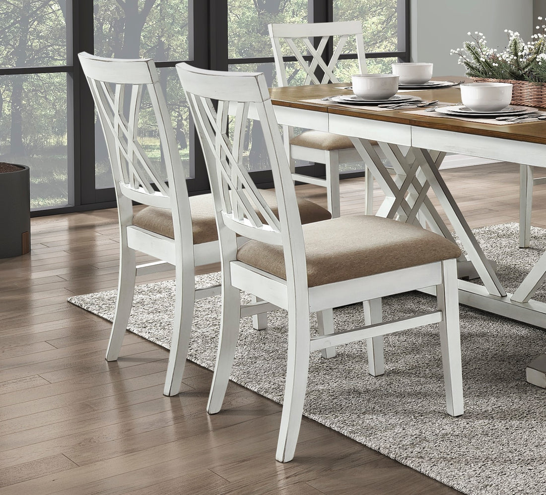 Modern Style White And Oak Finish Side Chairs 2Pc Set Fabric Upholstered Seat Charming Traditional Dining Kitchen Furniture White Dining Room Modern Side Chair Cross Back Wood