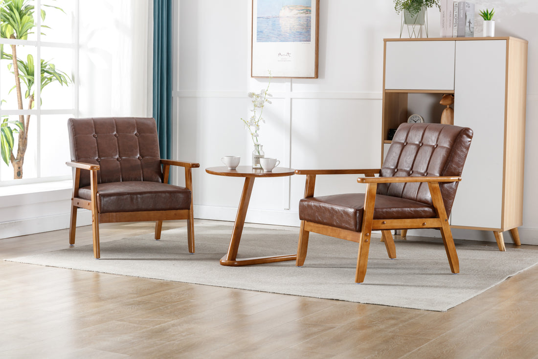 Accent Chairs Set Of 2 With Side Table, Mid Century Modern Accent Chair, Wood And Fabric Armchairs Side Chair, Lounge Reading Comfy Arm Chair For Living Room, Bedroom, Office Brown Pu Pu Leather