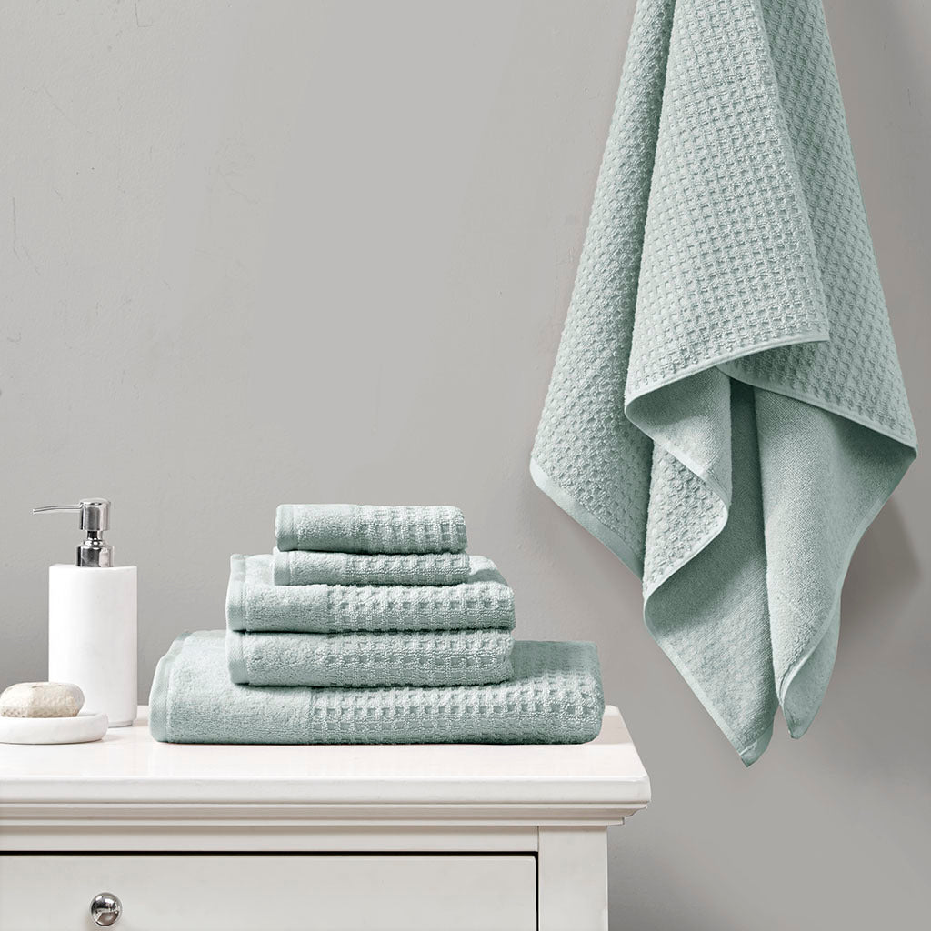 Cotton Waffle Jacquard Antimicrobial Bath Towel 6 Piece Set Seafoam Cotton