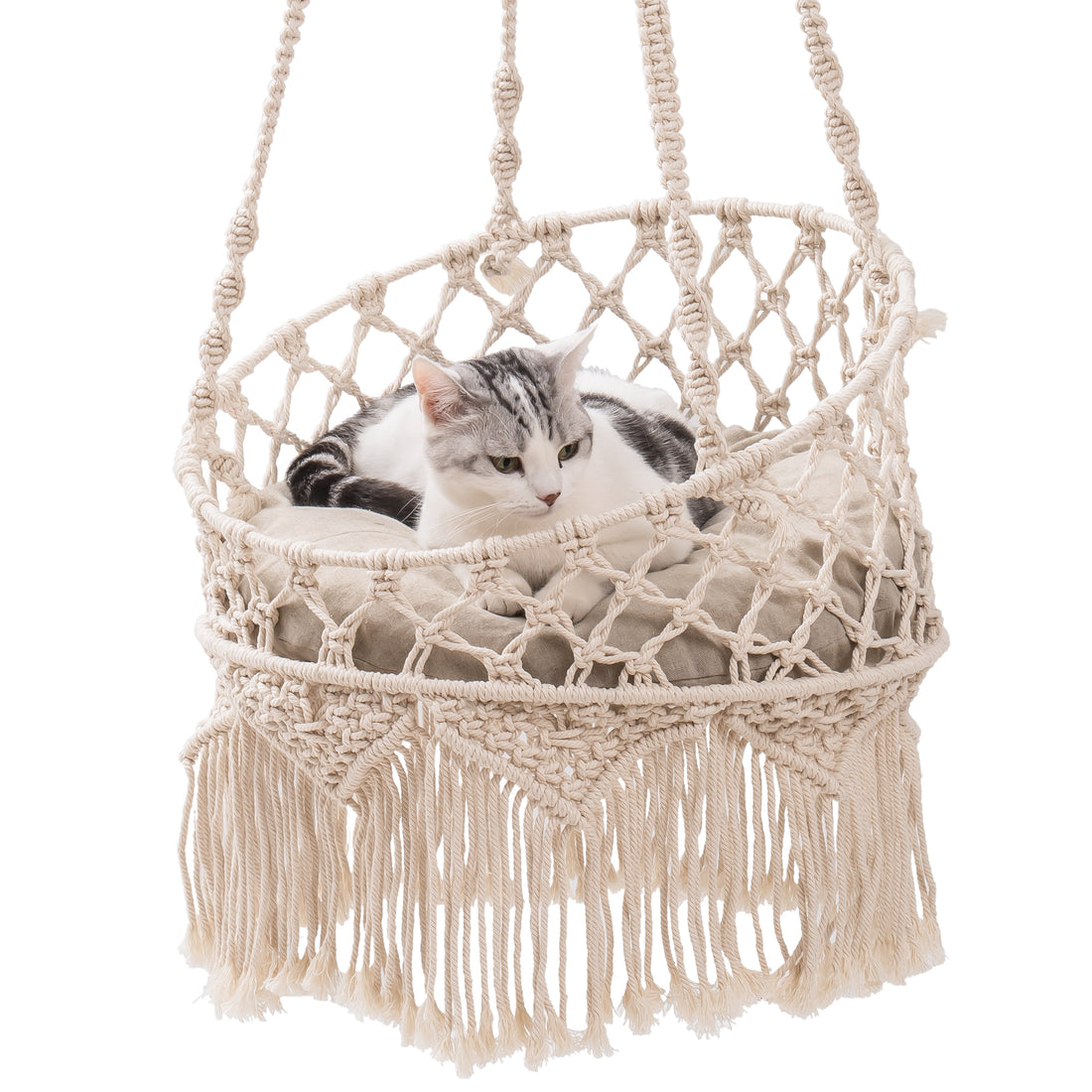 Macrame Cat Hammock, Hanging Cat Bed Hammock Cat Swing beige-cat-small (11 - 25 lbs)-fabric+metal