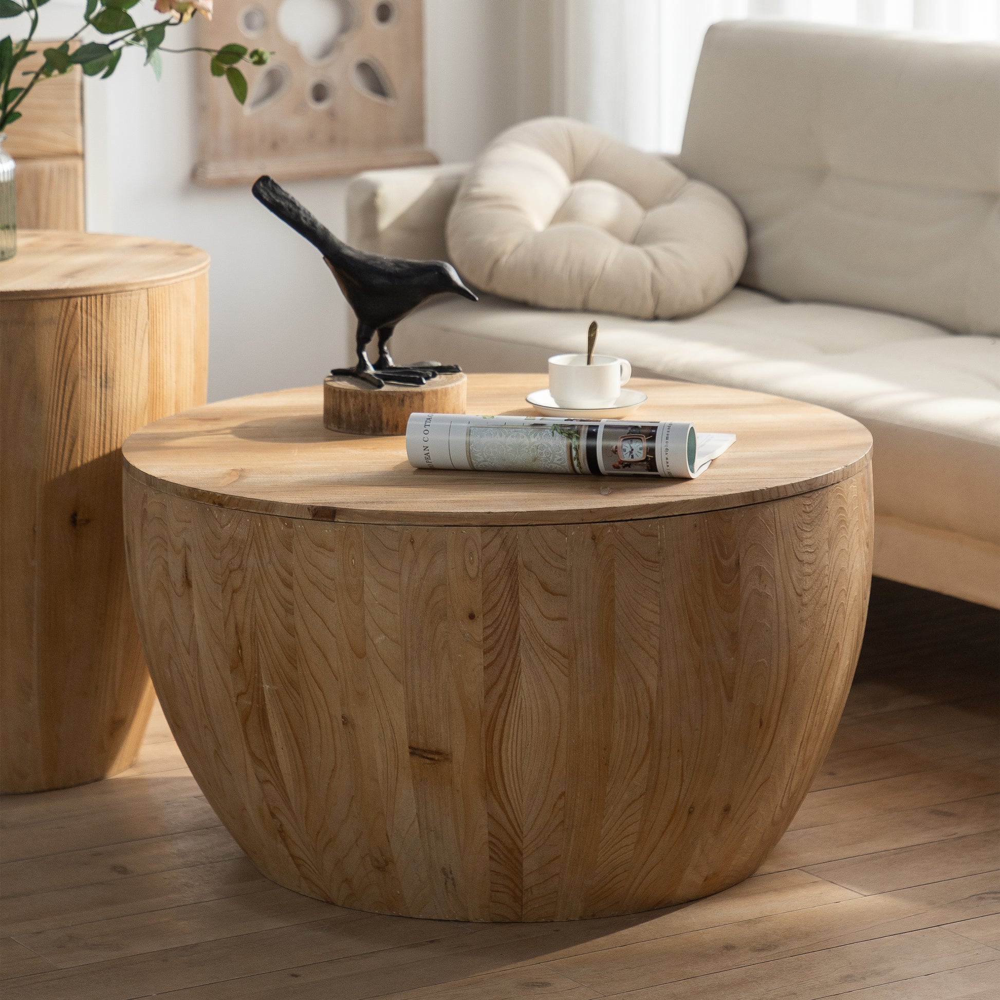 Vintage Style Bucket Shaped Coffee Table Set For Office, Dining Room And Living Room Set Of Two Pieces Natural Solid Wood Mdf