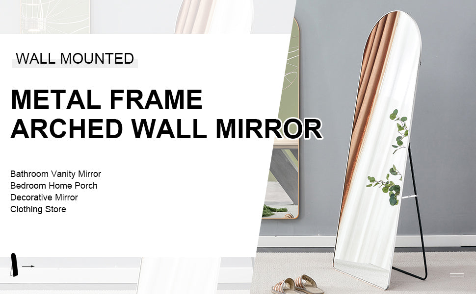 4Rd Generation Silver Aluminum Alloy Metal Frame Arched Wall Mirror, Bathroom Makeup Mirror, Decorative Mirror, Clothing Store, Floor Standing Large Mirror, Wall Mounted. 65 "* 23"W1151125606 Silver Glass